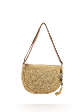 THE Sak Ryder Crochet Crescent Crossbody Bag Hobo Hand-Crocheted Bamboo Tan